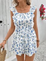 Salopeta Scurta Debra Alba Cu Model Floral Albastru