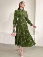 Rochie Lunga Angeni Kaki cu Frunze Albe - imagine 3