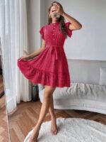 Rochie Scurta Leonora Rosie Cu Buline Albe - imagine 3