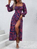 Rochie Lunga Caspian Albastru Inchis Cu Model Floral Roz - imagine 4
