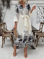Rochie Lunga Almer Alba Cu Model Floral Negru
