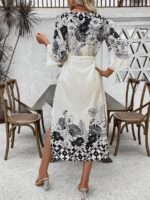 Rochie Lunga Almer Alba Cu Model Floral Negru - imagine 2