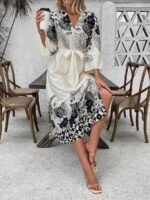 Rochie Lunga Almer Alba Cu Model Floral Negru - imagine 3