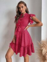 Rochie Scurta Leonora Rosie Cu Buline Albe