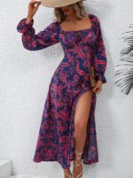 Rochie Lunga Caspian Albastru Inchis Cu Model Floral Roz