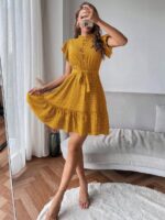 Rochie Scurta Drake Galben Mustar Cu Buline Albe - imagine 3