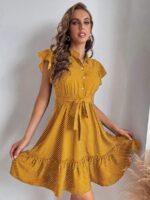 Rochie Scurta Drake Galben Mustar Cu Buline Albe