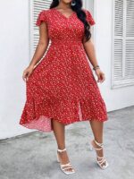 Rochie Midi Fraja Rosie Cu Model Floral Alb - Marimi Mari