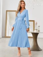 Rochie Lunga Aminata Bleu Cu Pliuri Si Cordon - imagine 3