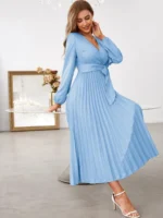 Rochie Lunga Aminata Bleu Cu Pliuri Si Cordon - imagine 4