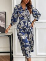 Rochie Midi Electra Bleumarin cu Print Floral Alb - imagine 3