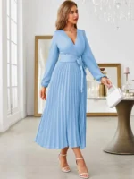 Rochie Lunga Aminata Bleu Cu Pliuri Si Cordon - imagine 5