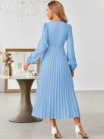 Rochie Lunga Aminata Bleu Cu Pliuri Si Cordon - imagine 2