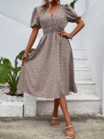 Rochie Midi Hallie Bej Cu Print Geometric Negru