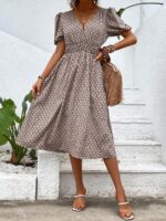 Rochie Midi Hallie Bej Cu Print Geometric Negru - imagine 3