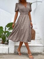 Rochie Midi Hallie Bej Cu Print Geometric Negru - imagine 4