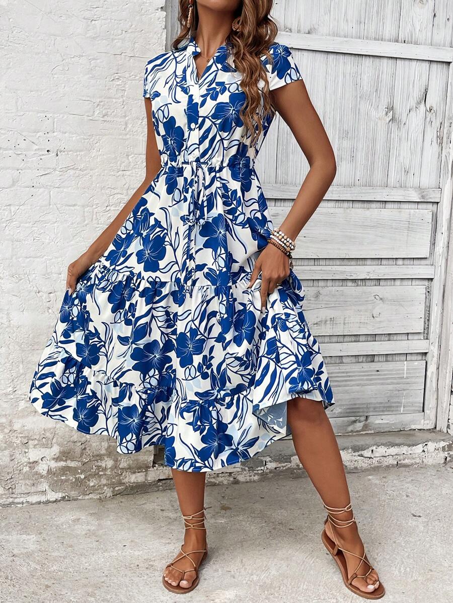 5 Rochie Midi Eleri Alba Cu Model Floral Albastru - imagine 1