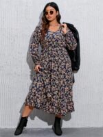 Rochie Lunga Balbina Bleumarin Inflorata - Marimi Mari - imagine 3