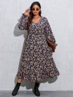 Rochie Lunga Balbina Bleumarin Inflorata - Marimi Mari - imagine 4
