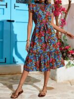 Rochie Midi Meriem Verde Cu Model Floral Multicolor