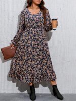 Rochie Lunga Balbina Bleumarin Inflorata - Marimi Mari - imagine 5