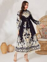 Rochie Lunga Gresa Neagra Cu Print Multicolor - imagine 3