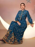 Rochie Lunga Ester Albastra Cu Model Floral Portocaliu - imagine 3