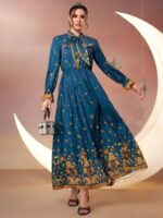 Rochie Lunga Ester Albastra Cu Model Floral Portocaliu