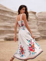 Rochie Lunga Nivedita Alba Cu Model Floral Rosu - imagine 2
