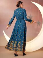 Rochie Lunga Ester Albastra Cu Model Floral Portocaliu - imagine 2