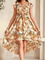 Rochie Scurta Muskan Bej cu Print Floral Galben - imagine 3