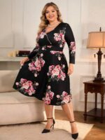 Rochie Midi Oxy Neagra Inflorata - Marimi Mari - imagine 5
