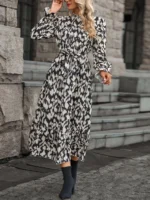 Rochie Lunga Prisca Neagra Cu Print Alb - imagine 3