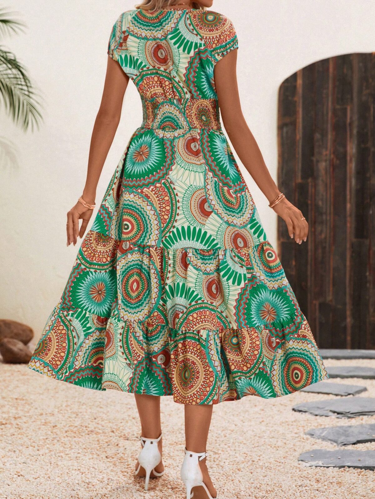 Rochie Midi Ayushi Verde cu Print Multicolor - imagine 2