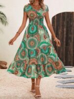 Rochie Midi Ayushi Verde cu Print Multicolor - imagine 5