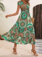 Rochie Midi Ayushi Verde cu Print Multicolor