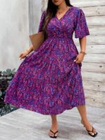 Rochie Midi Osano Mov cu Print Floral Albastru- Marimi Mari - imagine 4