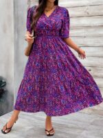 Rochie Midi Osano Mov cu Print Floral Albastru- Marimi Mari - imagine 3