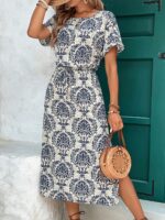 Rochie Midi Sarconi Crem cu Print Albastru - imagine 2