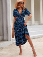 Rochie Midi Septima Neagra cu Print Floral Albastru