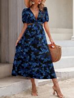 Rochie Midi Septima Neagra cu Print Floral Albastru - imagine 4