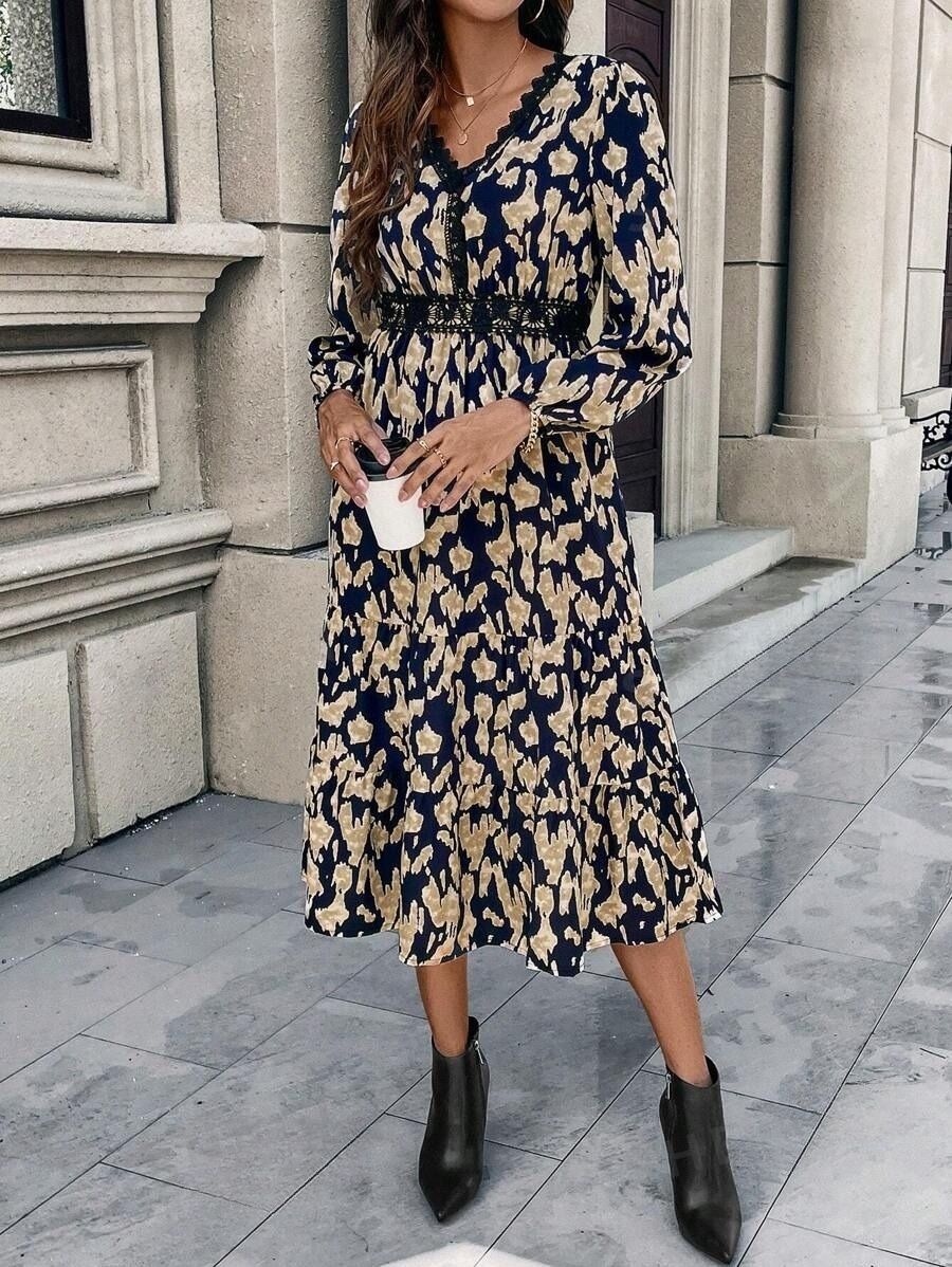 10 Rochie Midi Jora Bej cu Print Leopard Negru - imagine 1