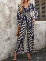 Salopeta Lunga Deana Bleumarin Cu Print Geometric Crem Deschis