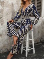 Salopeta Lunga Deana Bleumarin Cu Print Geometric Crem Deschis - imagine 3