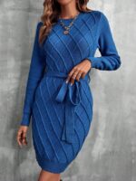 Rochie Tricotata Scurta Kahira Albastra Cu Model In Relief - imagine 4