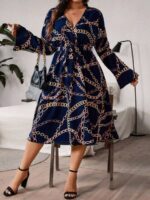 Rochie Midi Emilie Albastru Inchis Cu Cordon - Marimi Mari - imagine 3