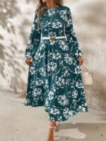 Rochie Lunga Ginger Verde Cu Model Floral Alb