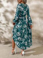 Rochie Lunga Ginger Verde Cu Model Floral Alb - imagine 2