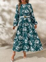 Rochie Lunga Ginger Verde Cu Model Floral Alb - imagine 3