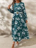 Rochie Lunga Ginger Verde Cu Model Floral Alb - imagine 5